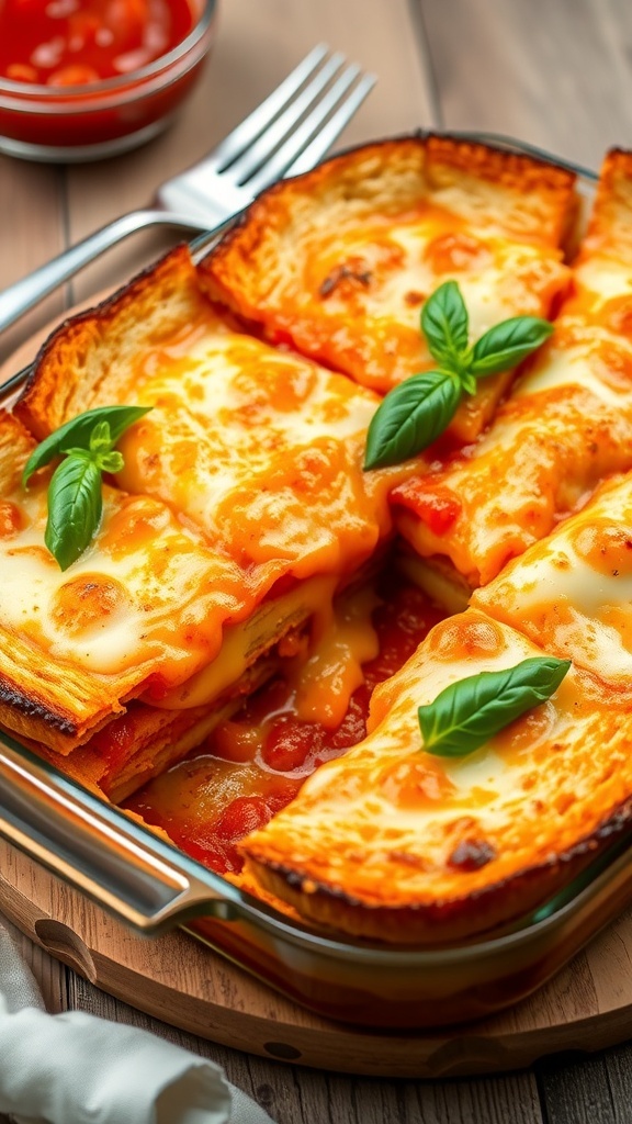 Baked bread lasagna with layers of cheese and marinara, garnished with basil on a rustic table.